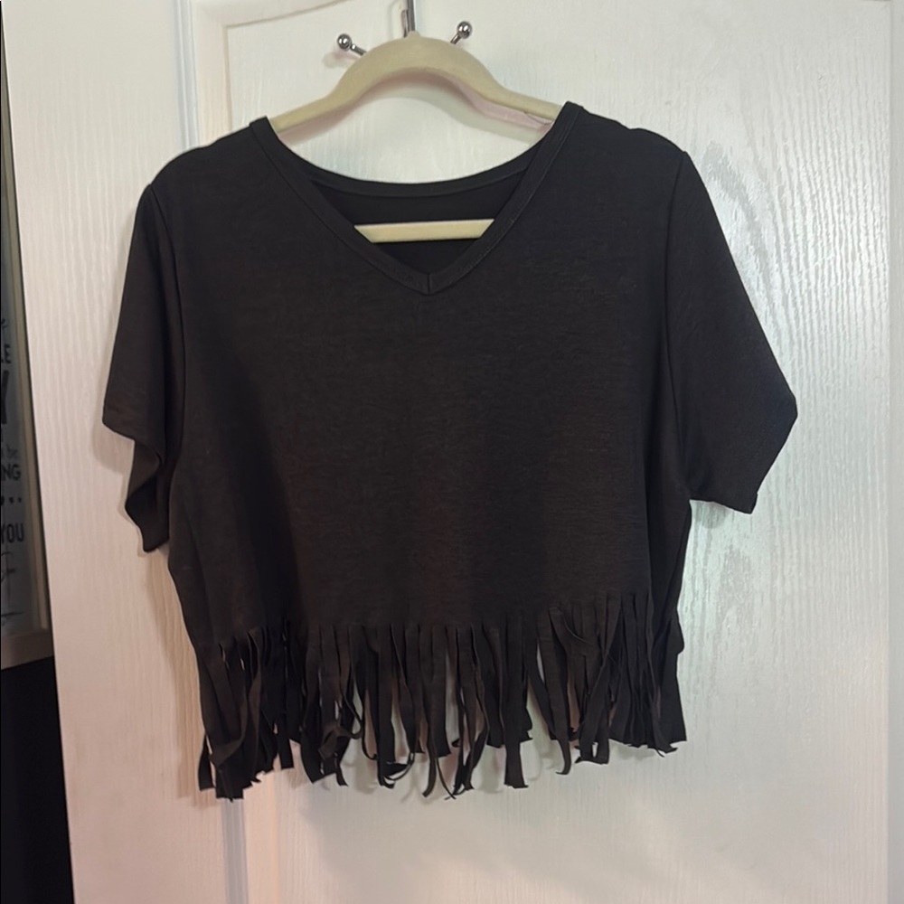 Black Crop Fringe Short Sleeve Tee